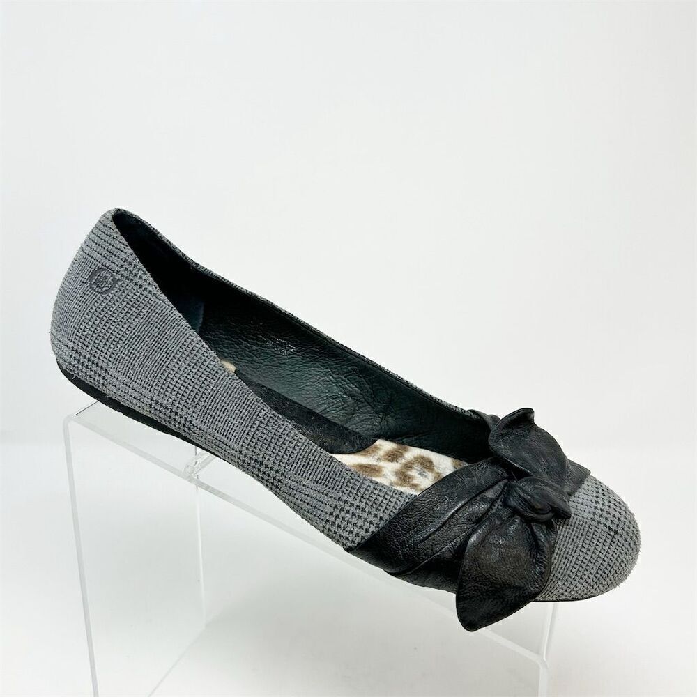 Born Women's Molly Ballet Flats Gray Plaid Black Bold Bow Size 9 Casual Fall